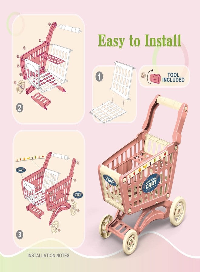 RedCrab Kids Shopping Cart Toy Supermarket 54pcs Playset Included Grocery Cart Toy,Credit Card Pretend Fruit Vegetables Shop Accessories for Boy Girl Kid (Pink) - Image 4